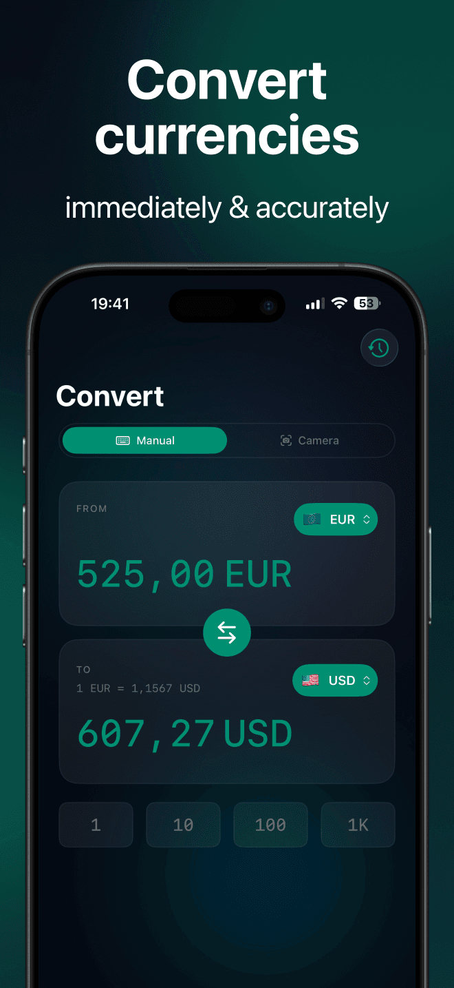 Convert 160+ currencies immediately and accurately