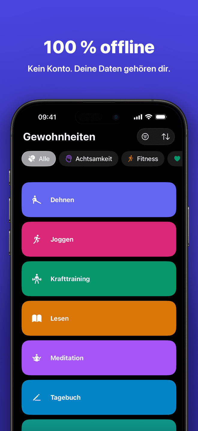 100 % offline - kein Konto, deine Daten gehören dir